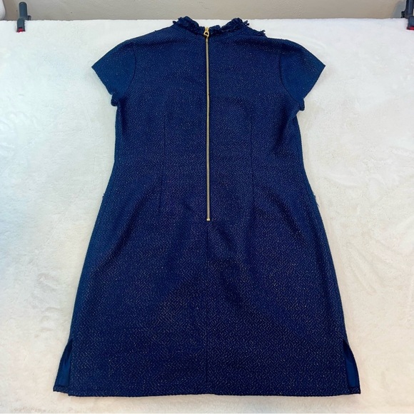 Sail to Sable Navy Blue Gold Metallic Tweed Fringe Tunic Shift Dress Size 10 - Picture 7 of 14